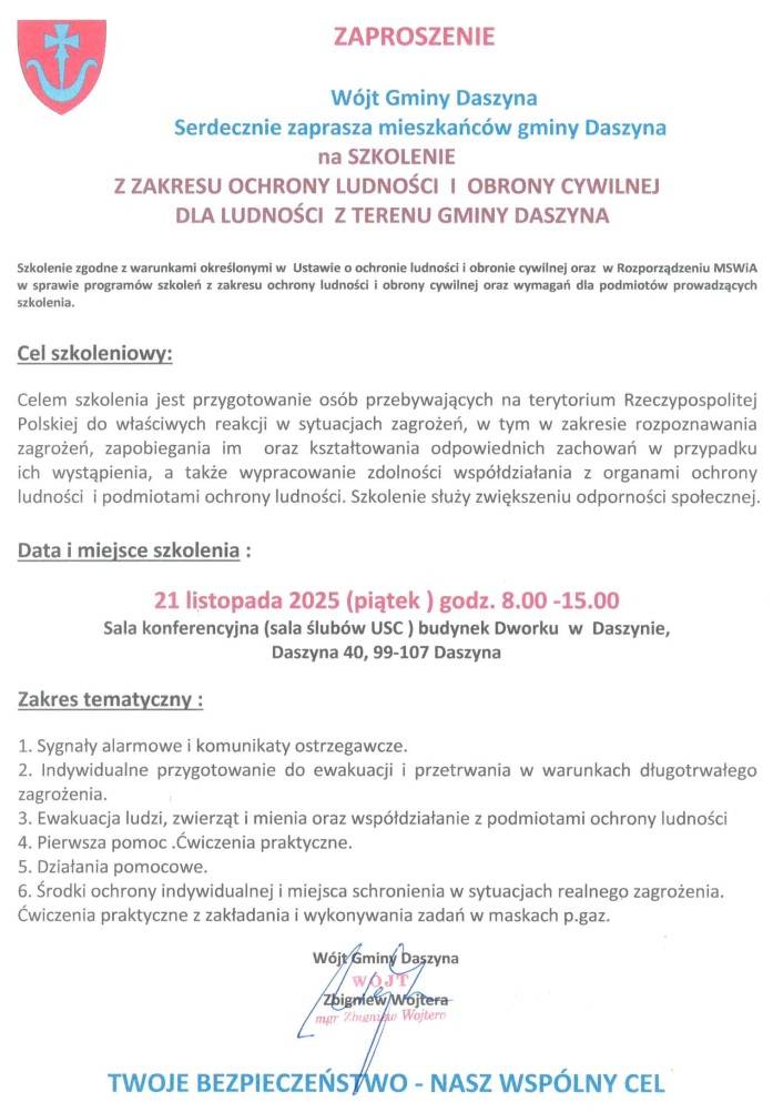Zaproszenie Wójta Gminy Daszyna na szkolenie z zakresu ochrony ludności i obrony cywilnej